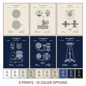 Vintage Tesla Patent Prints Set of 6 Digital Download - Electrical Engineer Wall Art Office Decor Poster Gift