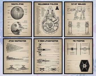 Set di 6 stampe di brevetto di Star Wars. Arte della parete di Guerre stellari. Regalo di film. Decorazione della caverna dell'uomo. Falco del Millennio. AT-AT Walker. Ala-X. Download digitale