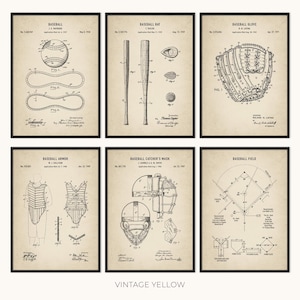 May include: Set of six framed vintage baseball patent prints. Each print features detailed diagrams of baseball equipment, including a ball, bat, glove, armor, catcher's mask, and field layout. The prints are in black and white on a vintage yellow background.