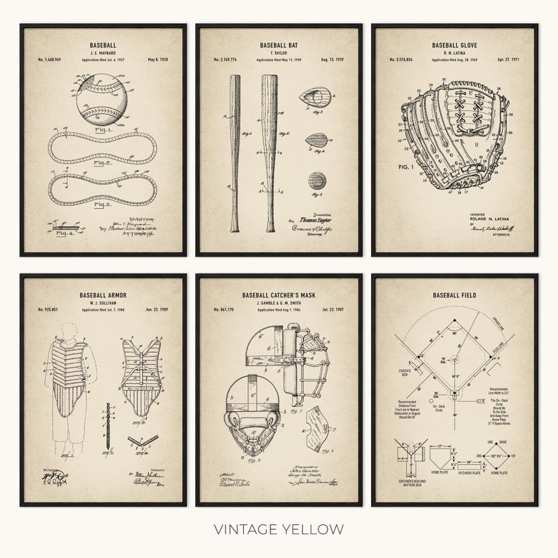 May include: Set of six framed vintage baseball patent prints. Each print features detailed diagrams of baseball equipment, including a ball, bat, glove, armor, catcher's mask, and field layout. The prints are in black and white on a vintage yellow background.