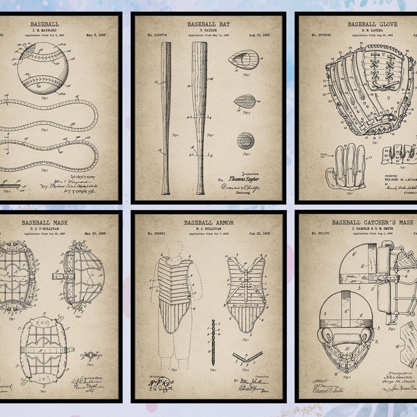 Ensemble de 6 imprimés de brevets de baseball vintage. Affiche de base-ball. Joueur de baseball. Cadeau d'entraîneur de baseball. Décoration murale pour chambre de garçon. Téléchargement numérique