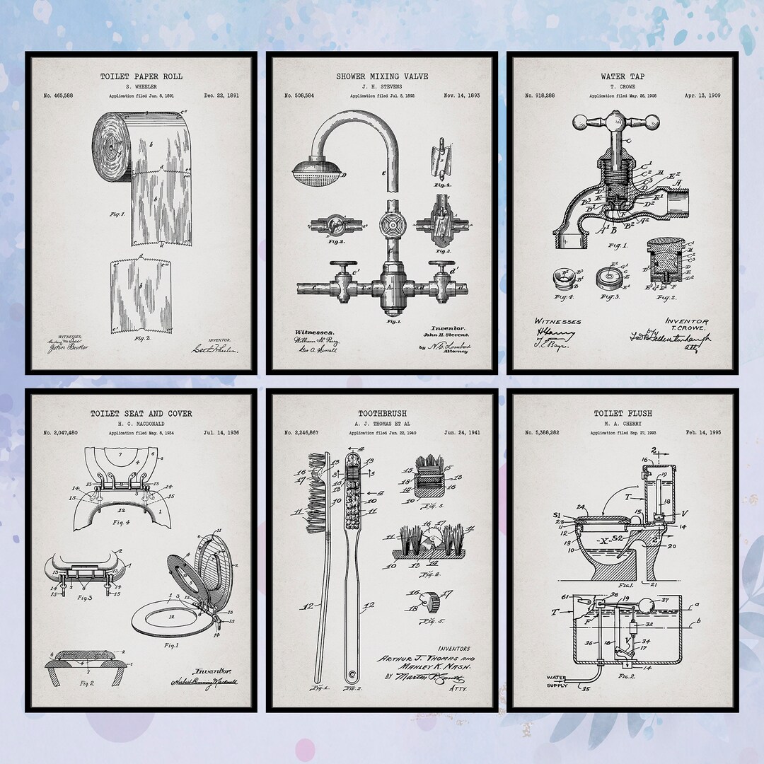 Set of 6 Vintage Bathroom Patent Print. Silver Grey Wall Art. Shower ...