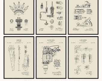 Houtbewerkingspatentafdrukken Set van 6, afdrukbare timmerman muurkunst, werkplaatsdecor, cadeau