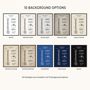 Peut inclure: Plusieurs impressions encadr&eacute;es de brevets d'unit&eacute;s de micros de guitare sur diff&eacute;rents fonds, dont blanc, ivoire, gris et bleu. Le texte "10 BACKGROUND OPTIONS" et "All 6 designs are included in all 10 background options" est affich&eacute;.