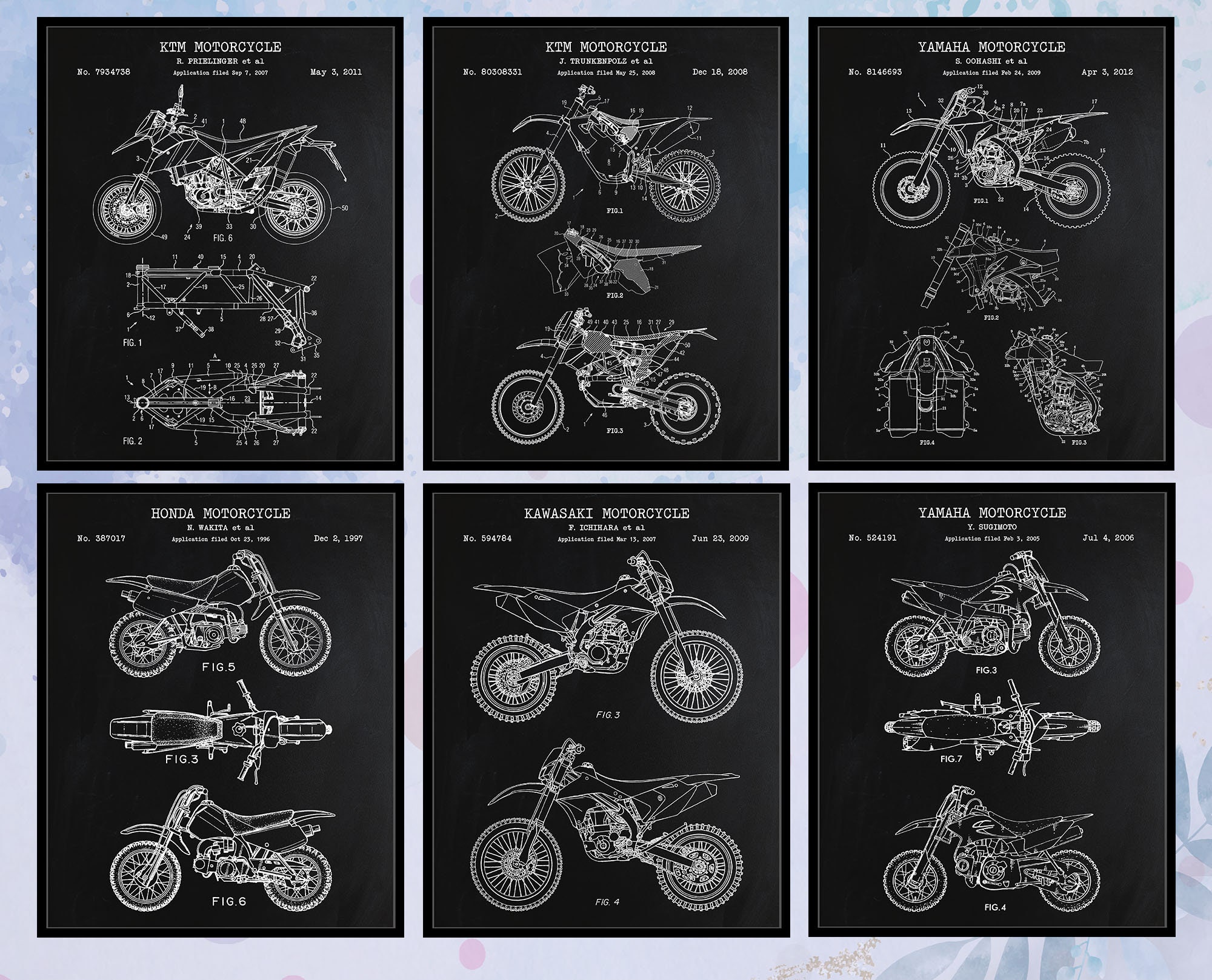 Set of 6 Dirt Bike Patent Print. Dirt Bike Wall Art. KTM