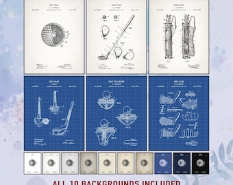 Set of 6 Golf Patent Prints, Vintage Golf Wall Art, Digital Download, Golfer Gift for Men, Man Cave Decor, Golf Club, Tee, Swing Blueprint