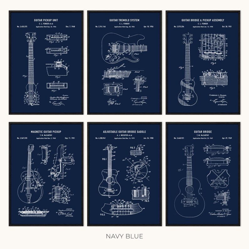 Peut inclure: Six impressions encadr&eacute;es bleu marine pr&eacute;sentant des sch&eacute;mas de brevets de guitares. Chaque impression met en &eacute;vidence un composant de guitare diff&eacute;rent, comme un micro, un syst&egrave;me de tr&eacute;molo et un assemblage de chevalet. Le texte "NAVY BLUE" est en bas.