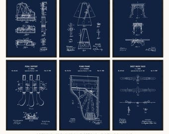 Lot de 6 gravures de brevet de piano, téléchargement numérique de décoration de studio de piano