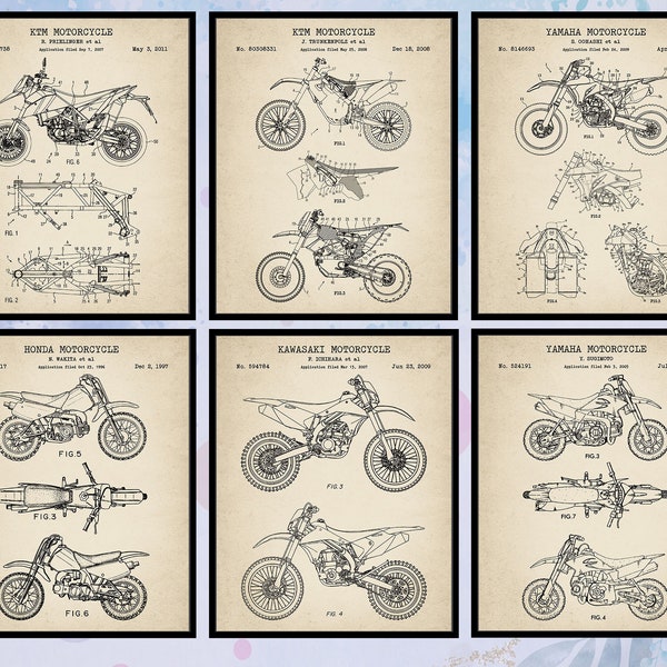 Dirt Bike Set Of 6 Patent Print. Man Cave Room Decor. Honda. Yamaha Dirt Bike. KTM Trail Motorcycle. Kawasaki Dirt Bike. Digital Download