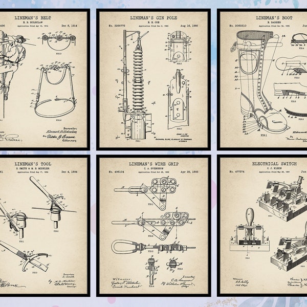 Set Of 6 Vintage Lineman Patent Print. Lineman Wall Art. Lineman Decor. Powerline Technician Electrician Gift. Man Cave Art Digital Download