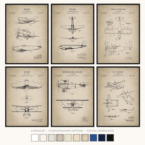 Vintage Aircraft Patent Prints Set of 6, Aviation Wall Art for Office Digital Download