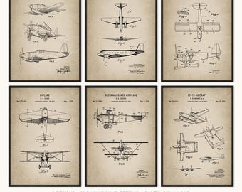 Vintage vliegtuigen patentafdrukken set van 6, luchtvaart kunst aan de muur voor kantoor digitale download