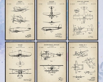 Set Of 6 Airplane Patent Print. Vintage Airplane Wall Art. Nursery Poster. Man Cave Art. Airplane Diagram. Gift For Pilot. Digital Download