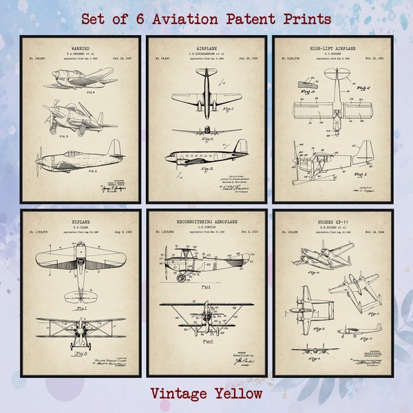 Set Of 6 Airplane Patent Print. Vintage Airplane Wall Art. Nursery Poster. Man Cave Art. Airplane Diagram. Gift For Pilot. Digital Download