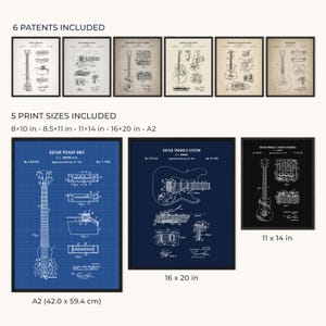 Peut inclure: Ensemble de tirages encadr&eacute;s de brevets de guitares, de diff&eacute;rentes tailles. Comprend six tirages de style vintage et trois tirages de style plan. Les tailles sont 20,3x25,4 cm, 21,6x27,9 cm, 28x35,6 cm, 40,6x50,8 cm et A2 (42,0 x 59,4 cm).