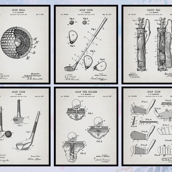 Set of 6 Vintage Golf Patent Print. Golf Ball. Golf Club. Golf Tee Holder. Golf Caddy Bag. Golf Wall Art. Man Cave Decor. Digital Download