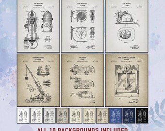 Set Of 6 Vintage Fire Fighter Patent Prints. Fire Truck. Hose Reel. Hydrant. Fire Helmet. Ladder. Fire Alarm Pull Station. Instant Download