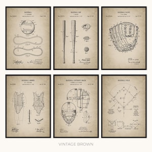 May include: Six framed vintage baseball patent prints. The prints feature detailed diagrams of a baseball, bat, glove, armor, catcher's mask, and field layout. The text "VINTAGE BROWN" is at the bottom.
