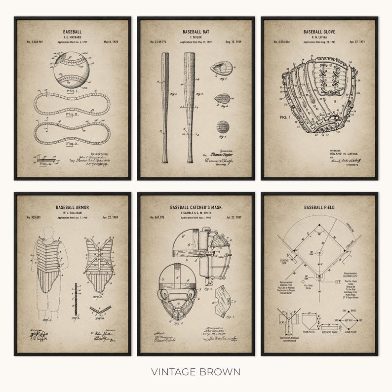 May include: Six framed vintage baseball patent prints. The prints feature detailed diagrams of a baseball, bat, glove, armor, catcher's mask, and field layout. The text "VINTAGE BROWN" is at the bottom.