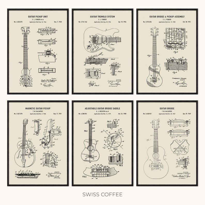 Peut inclure: Six impressions encadr&eacute;es de brevets de guitares vintage. Les impressions pr&eacute;sentent des sch&eacute;mas d&eacute;taill&eacute;s en noir et blanc de composants de guitare, y compris un micro, un syst&egrave;me de tr&eacute;molo et un assemblage de chevalet. Le fond est beige neutre, avec le texte "SWISS COFFEE" en bas.