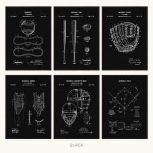 May include: Six black framed baseball patent prints. Each print features a different baseball-related item: a baseball, bat, glove, armor, catcher's mask, and field diagram. The prints are in white and black.
