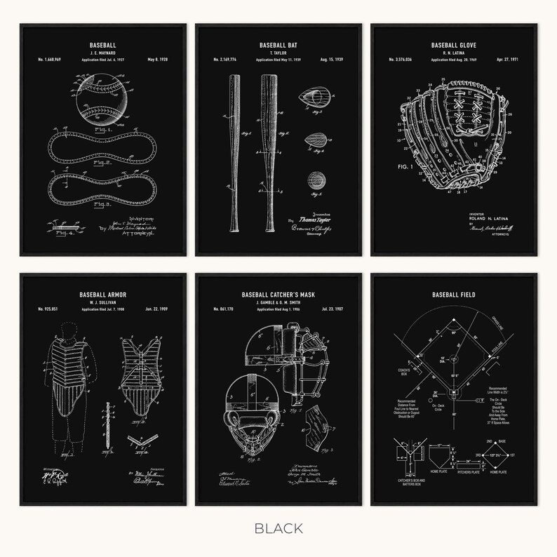 May include: Six black framed baseball patent prints. Each print features a different baseball-related item: a baseball, bat, glove, armor, catcher's mask, and field diagram. The prints are in white and black.