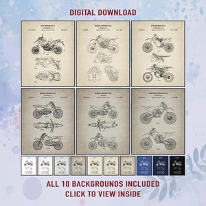 Vintage Dirt Bike Patent Art Prints (Set of 6) - Garage Decor (Digital Download)