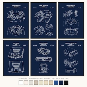May include: Six framed prints showcasing vintage gaming controller and console designs in white on a navy blue background. The prints feature diagrams of controllers, game machines, and handheld consoles. The text at the bottom reads "6 DESIGNS • 10 BACKGROUND OPTIONS • DIGITAL DOWNLOAD."
