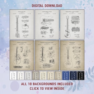 Set Of 6 Vintage Guitars Patent Print. Guitar Music Player Gift. Guitar Teacher Musician Room Decor. Musical Wall Art. Digital Download