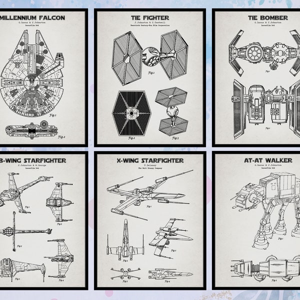 6er Set Star Wars Patent Print Download. Kinderzimmer Dekor. Mann Höhle Wand-Dekor. Star Wars Blaupause. Millenium Falke. X-Wing Sternenjäger.