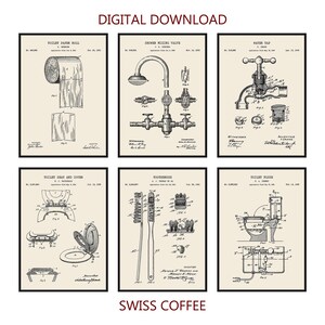 Set di 6 stampe di brevetti per bagni vintage. Arte murale per bagni. Rubinetto per doccia. Tazza del water. Spazzolino da denti. Rotolo di carta igienica. Download digitale