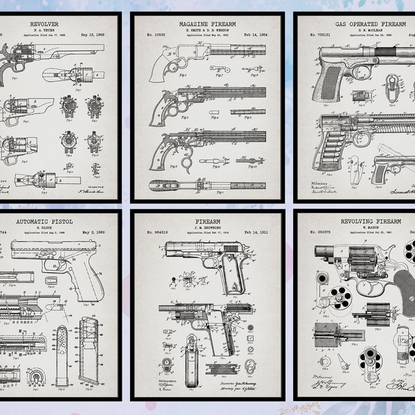 Set of 6 Vintage Gun Patent Print. Revolver. Firearm Wall Art Decor. Vintage Pistol Poster. Man Cave Decor. Gun Room Decor. Digital Download