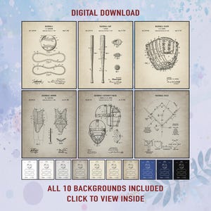 Baseball Patent Prints Set of 6, Vintage Baseball Wall Art, Digital Download, Teen Boy Sports Room Decor,  Baseball Gift, Baseball Posters