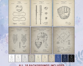 Baseball Patent Prints Set of 6, Vintage Baseball Wall Art, Digital Download, Teen Boy Sports Room Decor,  Baseball Gift, Baseball Posters