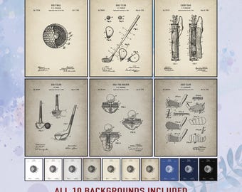 Golf Patent Art Prints Set of 6, Vintage Golf Club Poster, Digital Download Wall Art, Golfer Gift for Men, Man Cave, Swing and Tee Blueprint
