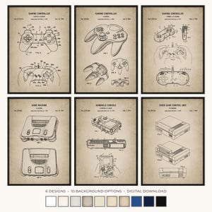 Op de afbeelding: Een set van zes patentafdrukken in vintage-stijl met technische lijntekeningen van gamecontrollers, een spelcomputer en een besturingseenheid op een beige achtergrond, elk gelabeld met patentdetails en bijbehorende tekst.
