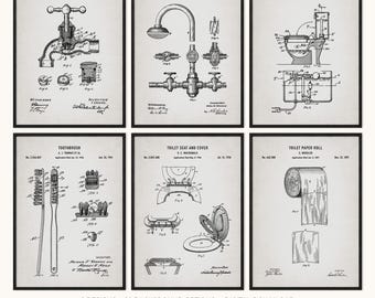 May include: Six framed vintage patent prints showcasing plumbing designs: a water tap, shower mixing valve, toilet flush, toothbrush, toilet seat, and toilet paper roll. The prints are monochrome with a neutral backdrop. The text at the bottom says "6 Designs 10 Background Options Digital Download."