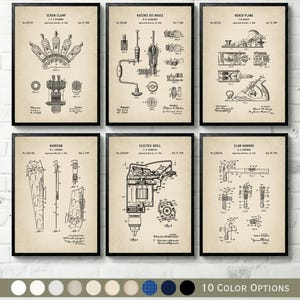 Conjunto de láminas de patentes de taller de carpintería vintage, arte mural con planos de herramientas de carpintería, descarga digital de cepillo de mano