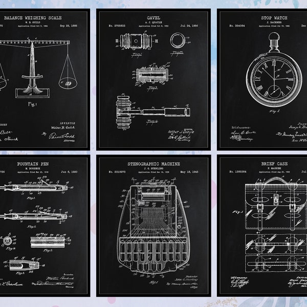 Set of 6 Vintage Law Patent Print. Law Student Gift. Lawyer Patent. Scale of Justice. Gavel. Stenographic Machine. Lawyer Gift. Chalkboard.