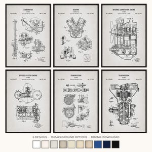 Könnte beinhalten: Sechs gerahmte Vintage-Automobil-Patentdrucke, darunter Diagramme von Vergaser, Lager und Verbrennungsmotor. Die Drucke sind in schwarzen Rahmen mit neutralem Hintergrund. Der Text im Bild lautet: "6 DESIGNS • 10 BACKGROUND OPTIONS • DIGITAL DOWNLOAD."