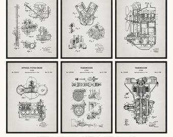 May include: Six framed vintage automotive patent prints, including carburetor, bearing, and internal combustion engine diagrams. The prints are in black frames with a neutral background. The bottom of the image shows text: "6 DESIGNS • 10 BACKGROUND OPTIONS • DIGITAL DOWNLOAD."