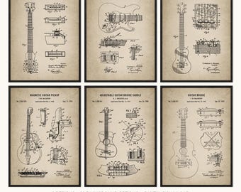 Lot de 6 gravures de brevet de guitare vintage, cadeau de guitariste, téléchargement numérique