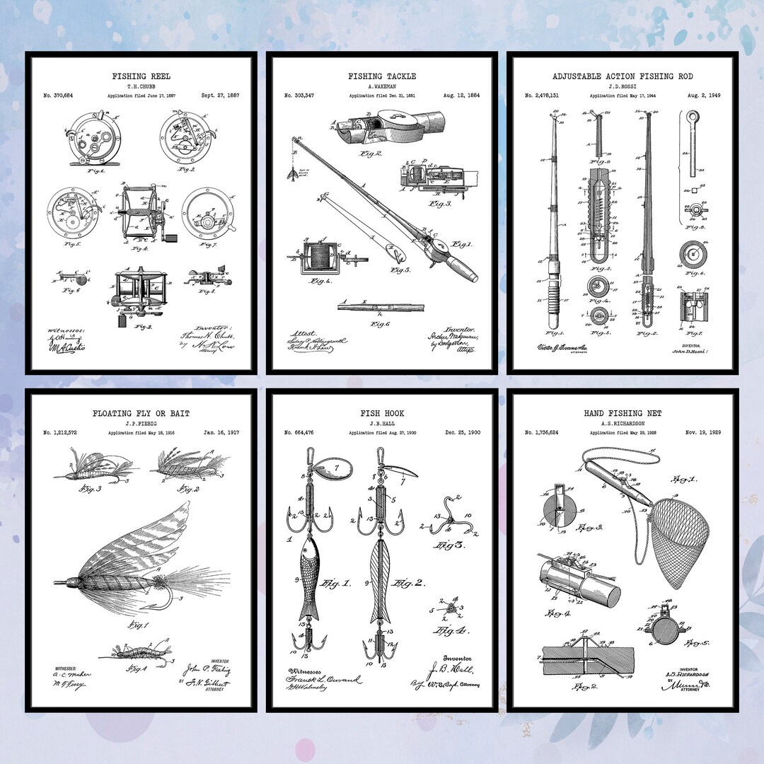 Digital Download Set of 6 Fishing Patent Print. Vintage Fishing Wall ...