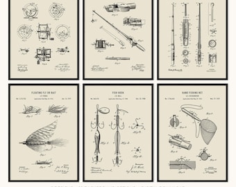 Fishing Patent Prints Set of 6, Printable Cabin Wall Art, Fisherman Gift, Lake House Decor