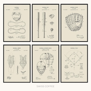 May include: Six framed vintage baseball patent prints. Each print features detailed line drawings of baseball equipment, including a ball, bat, glove, armor, catcher's mask, and field layout. The prints are in black and white on a cream background.