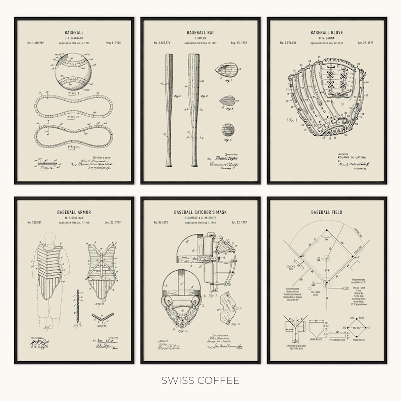 May include: Six framed vintage baseball patent prints. Each print features detailed line drawings of baseball equipment, including a ball, bat, glove, armor, catcher's mask, and field layout. The prints are in black and white on a cream background.