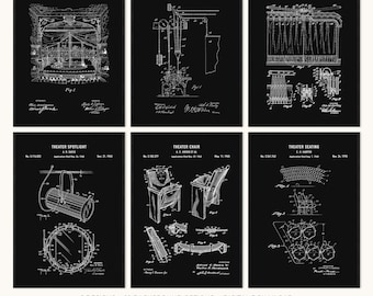 May include: Six black and white theater-themed patent prints. The prints include designs for a stage, stage rigging, theater curtain, theater spotlight, theater chair, and theater seating. The bottom of the image shows the text "6 DESIGNS 10 BACKGROUND OPTIONS DIGITAL DOWNLOAD."
