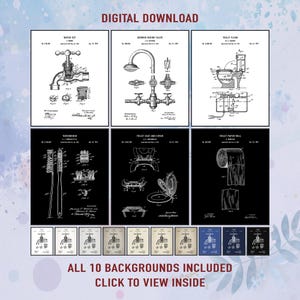 Set of 6 Vintage Bathroom Patent Print. Navy Blue Wall Art. Shower Faucet. Toilet Bowl. Toothbrush. Toilet Paper Roll. Digital Download