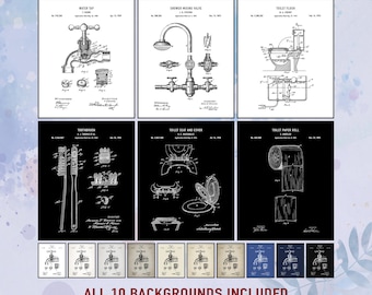 Set of 6 Vintage Bathroom Patent Print. Navy Blue Wall Art. Shower Faucet. Toilet Bowl. Toothbrush. Toilet Paper Roll. Digital Download
