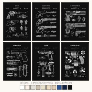 May include: Six black and white firearm blueprints are displayed, each showcasing a different design. The prints include the words "Revolver," "Magazine Firearm," "Gas Operated Firearm," "Automatic Pistol," "Firearm," and "Revolving Firearm." The bottom of the image reads "6 Designs 10 Background Options Digital Download."
